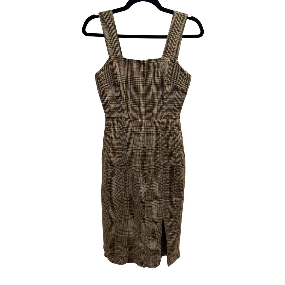 Chuu Brown Glen Check Plaid Fitted Midi Dress Women XS Sleeveless Slit Preppy